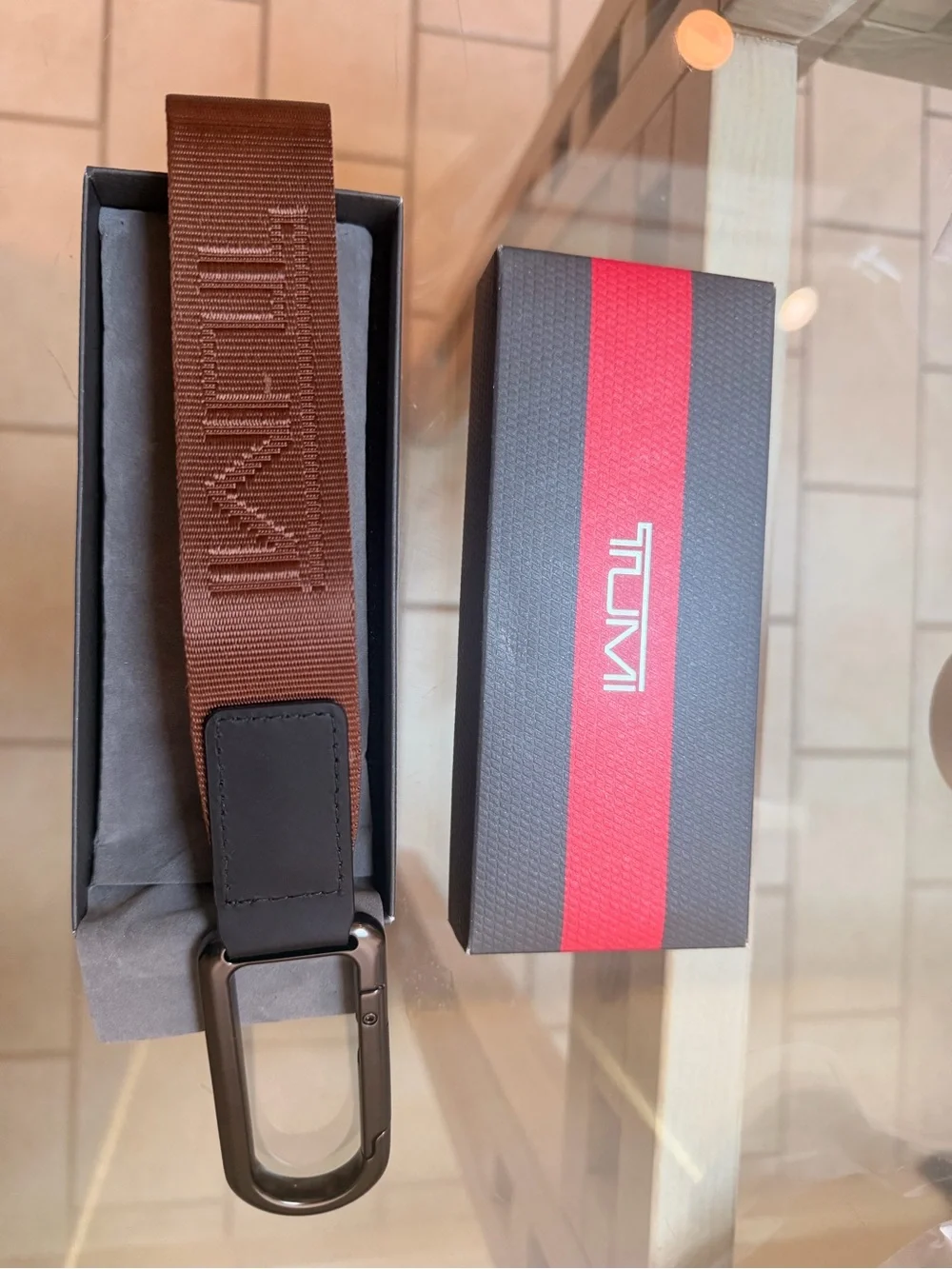 Tumi Brown Webbing Strap with Gunmetal Carabiner